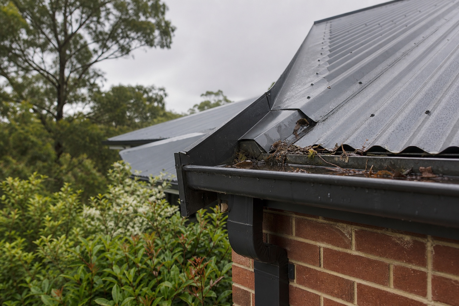 Rain moving through a metal roof gutter and downpipe
