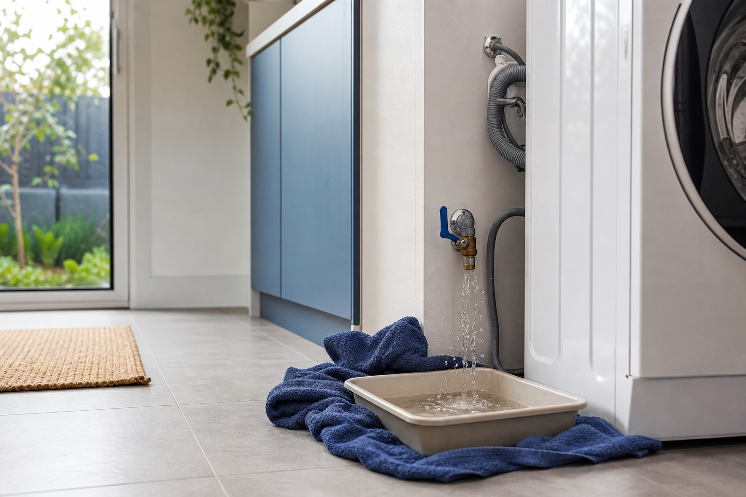 Contained residential laundry leak beside an accessible isolation valve