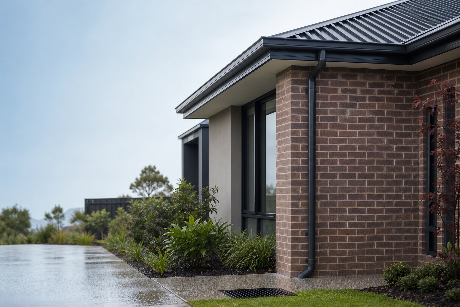 Contemporary Melbourne home with visible gutter, downpipe and paved drainage