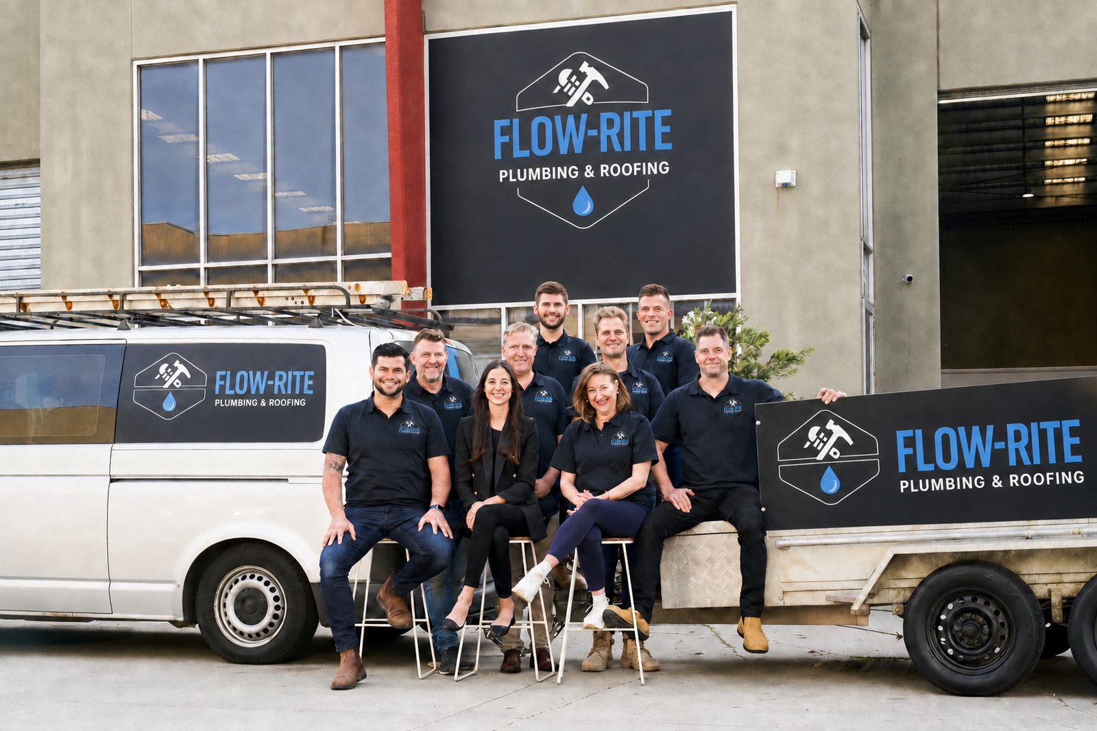 The Flow-Rite plumbing and roofing team with their branded service vehicles