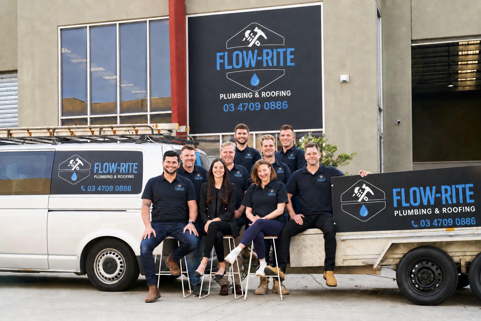 The Flow-Rite team with their plumbing and roofing vehicles