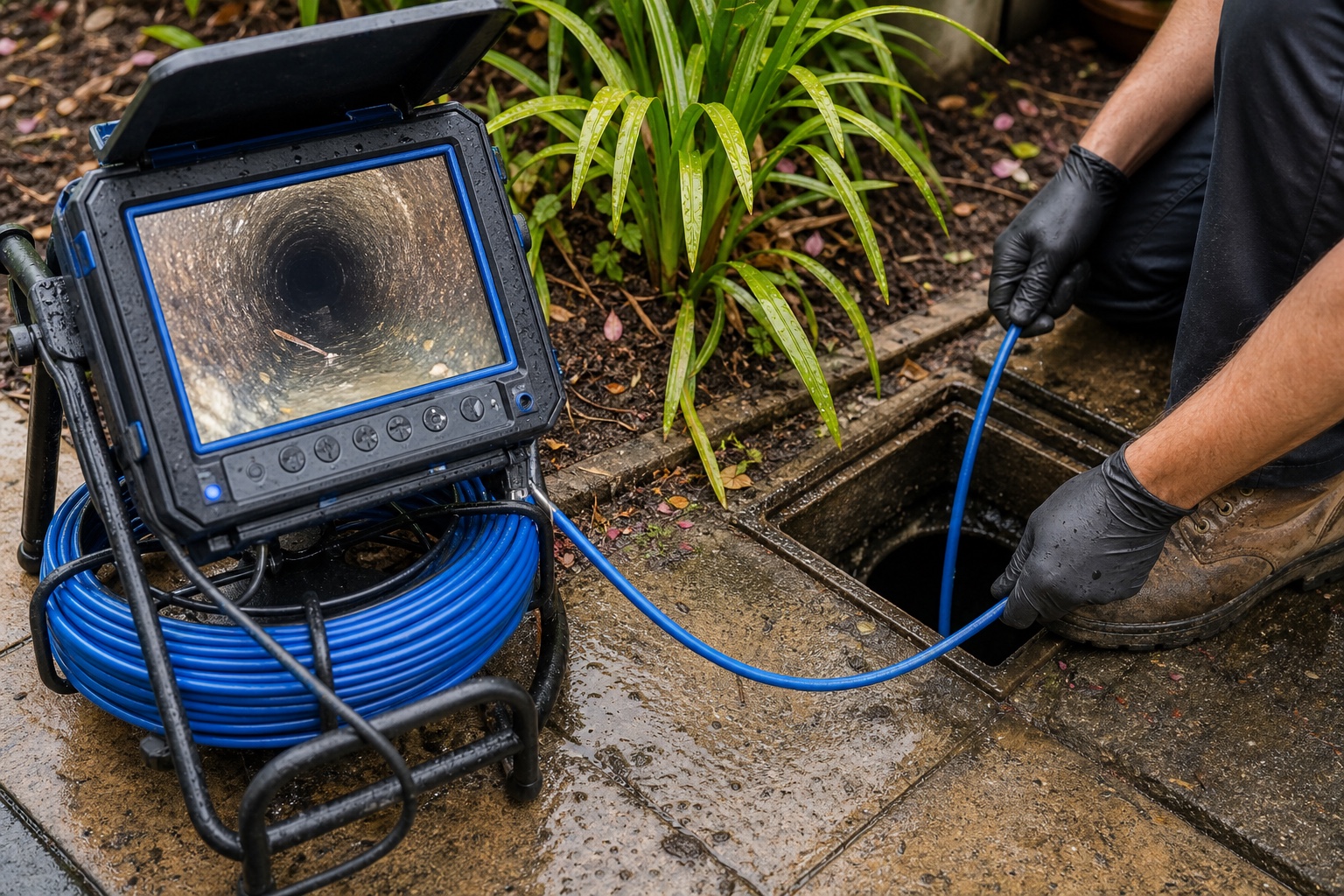 CCTV drain inspection in progress at a residential drain access point