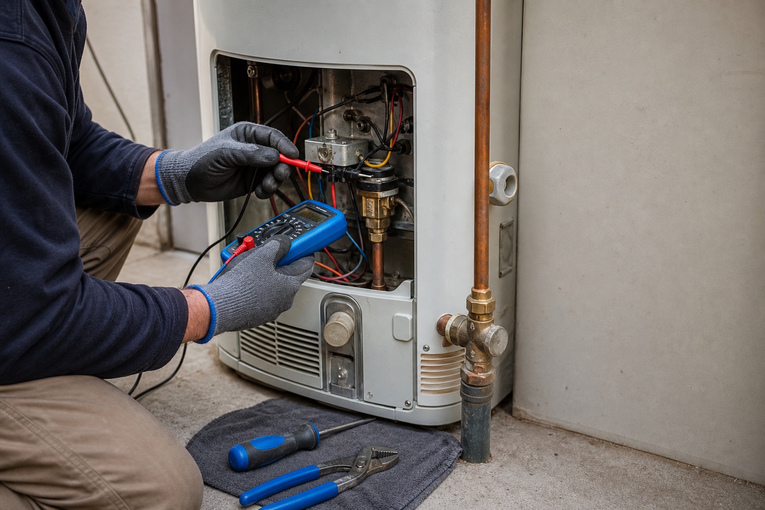 Plumber testing a residential hot-water system during diagnosis