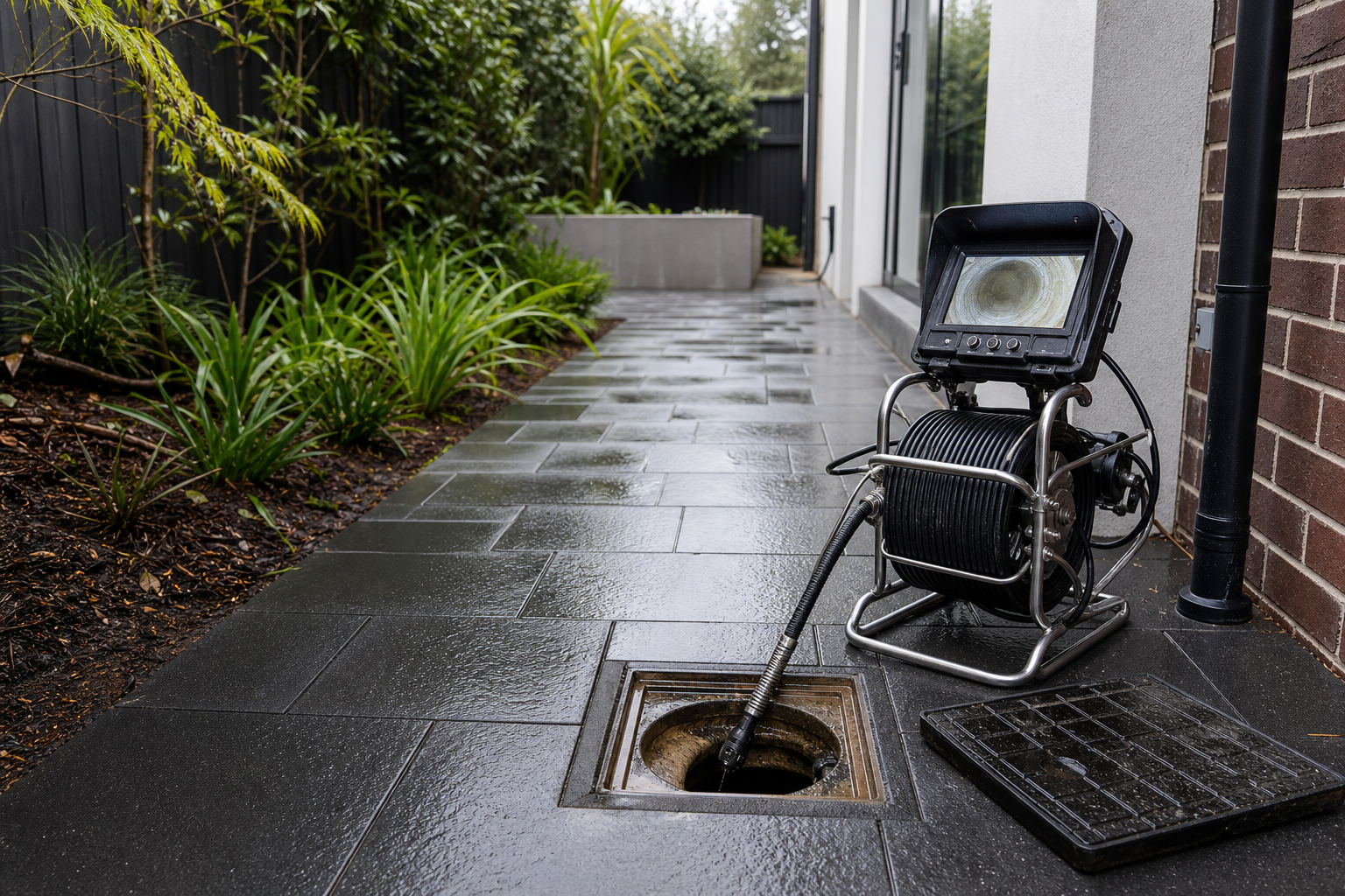 CCTV drain inspection equipment beside an open residential drain access point