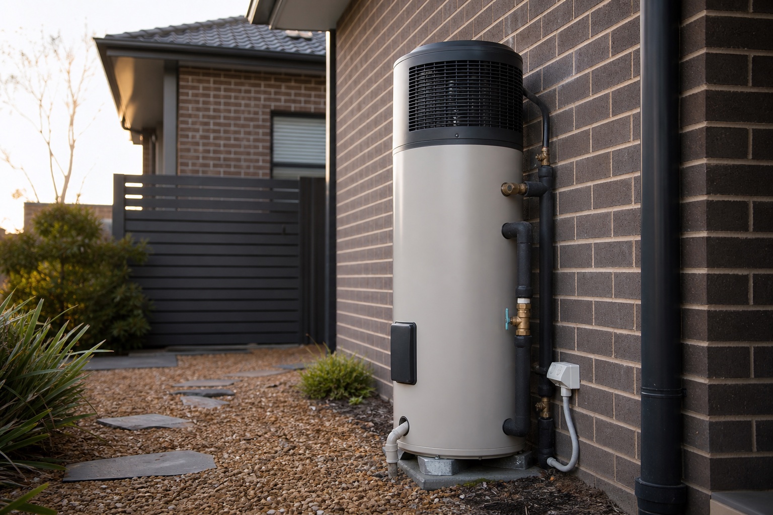 Residential heat-pump hot-water system beside a Melbourne home